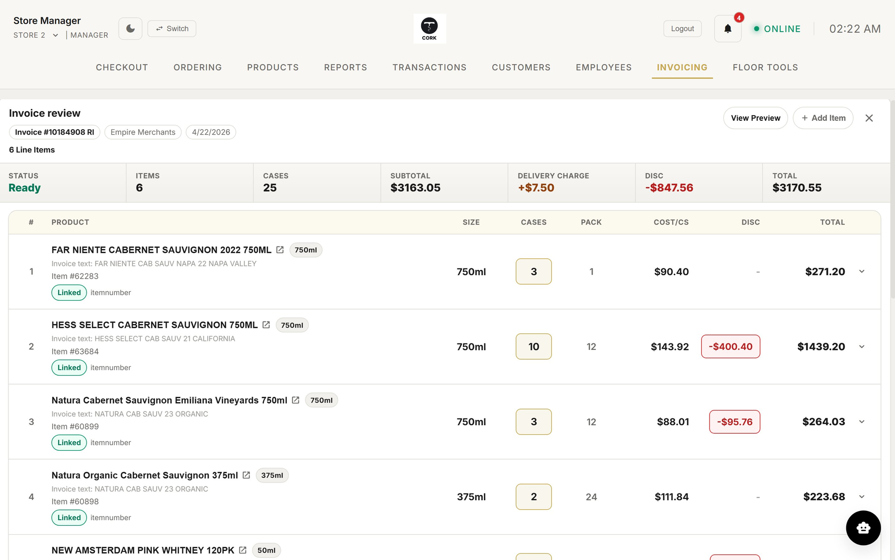 Cork Invoicing — Invoice review with line items, costs, and confidence-scored matches
