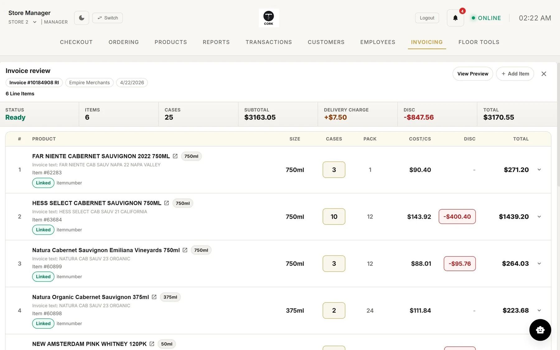 Invoice review screen