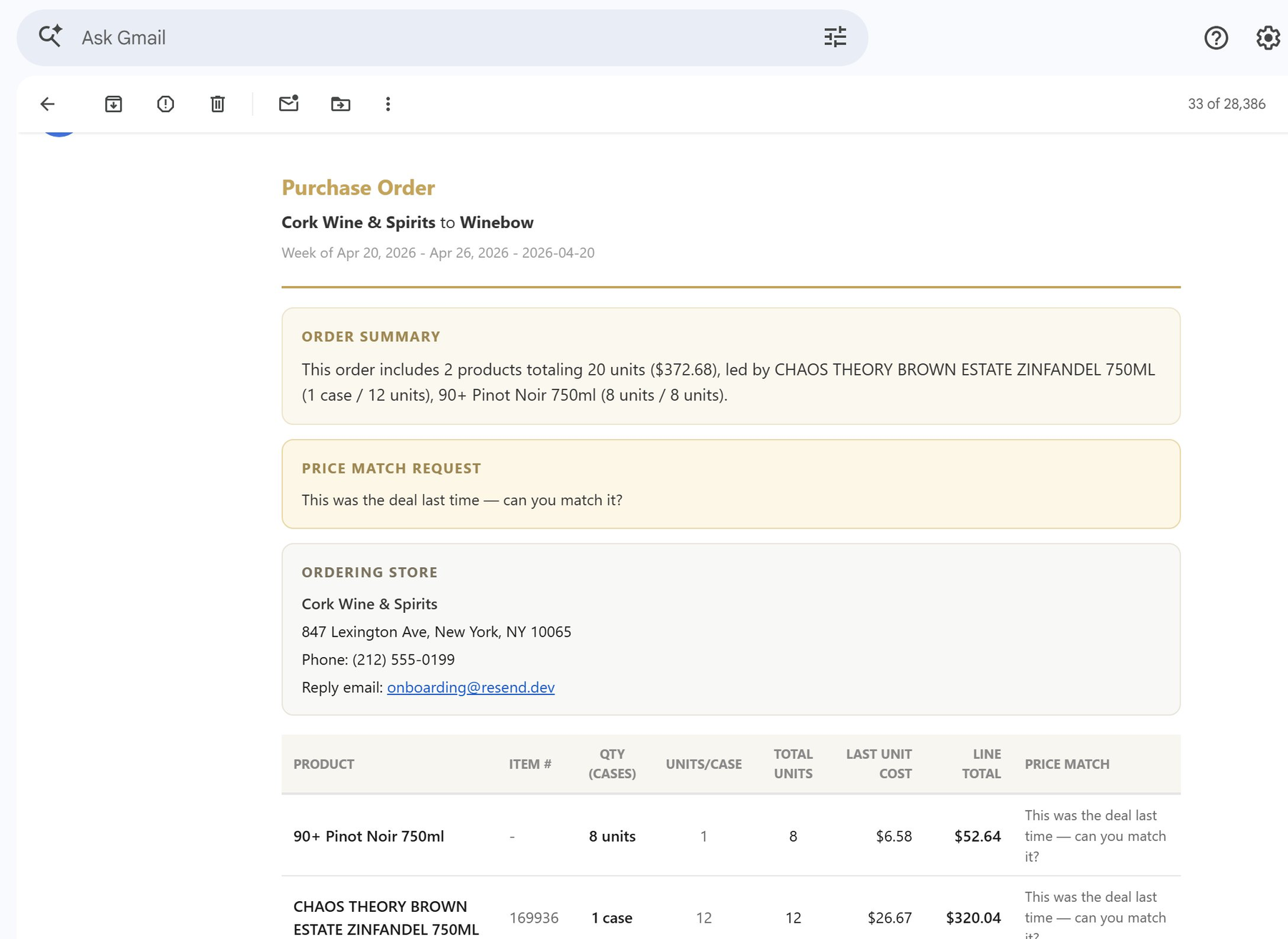 Auto-generated purchase order email
