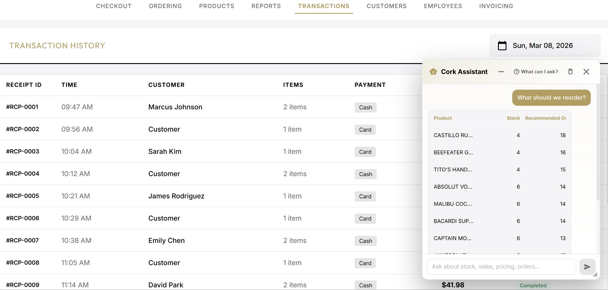Cork Assistant on desktop showing reorder recommendations