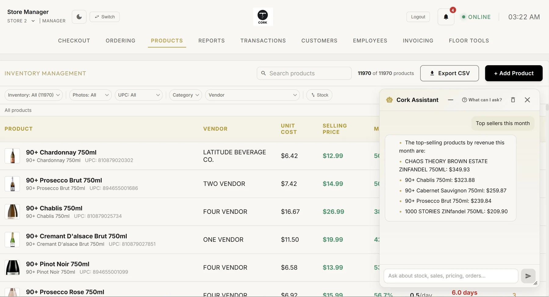 Cork Assistant answering 'top sellers this month' on top of the live inventory screen