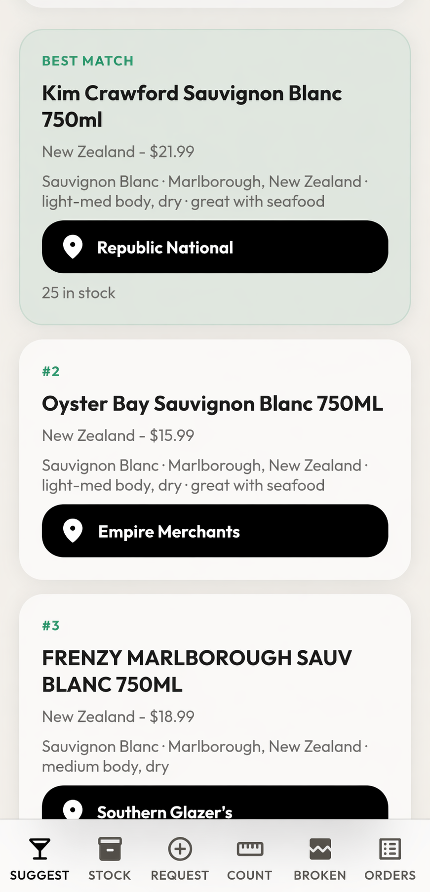 Employee wine suggestion screen