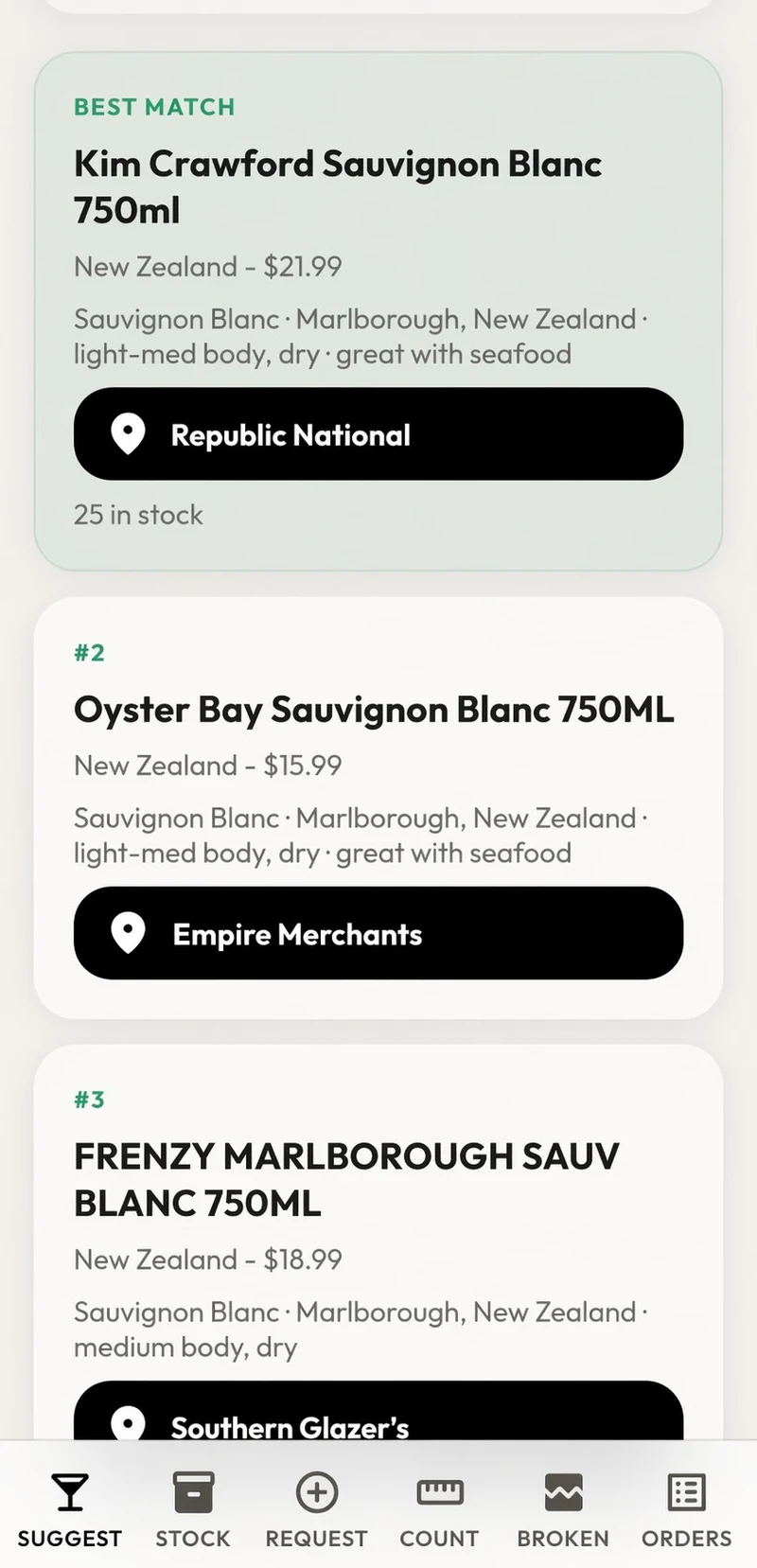 Employee app suggesting in-stock wines by taste and budget