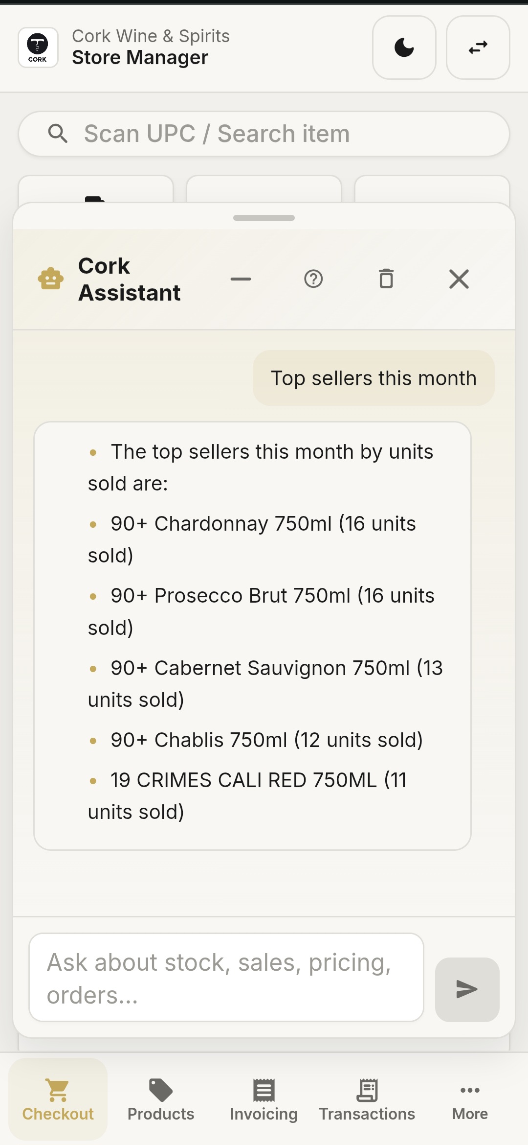 Mobile assistant showing top sellers